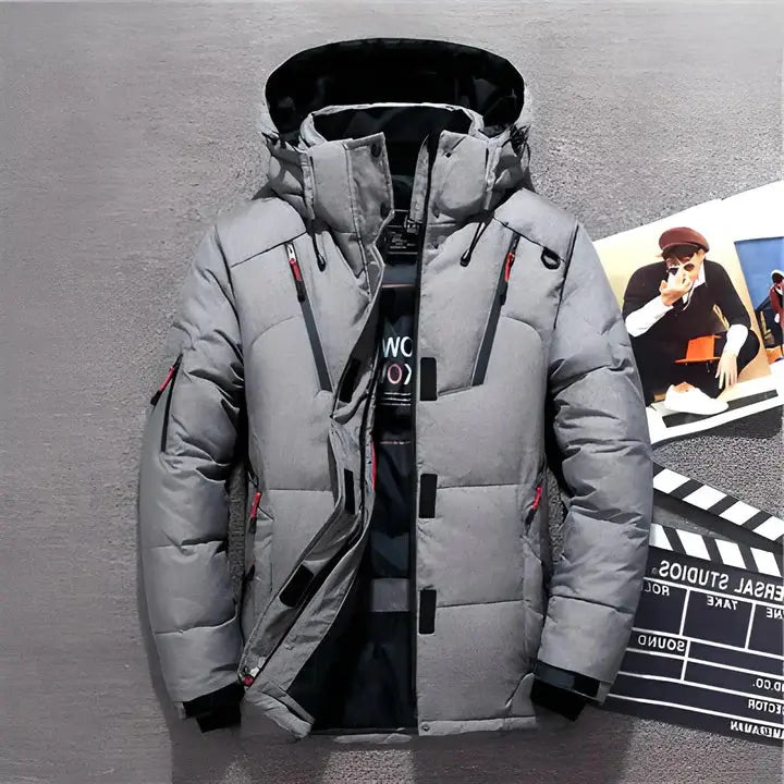 Insulated Down Jacket with Adjustable Hood and Zippered Pockets, Water-Resistant Shell All Vera Mart