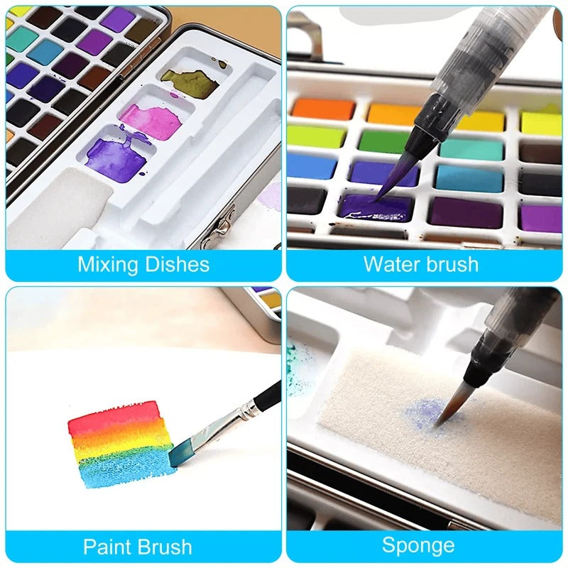 50-Color Watercolor Paint Set with Water Brush and Mixing Dishes, Portable Case All Vera Mart