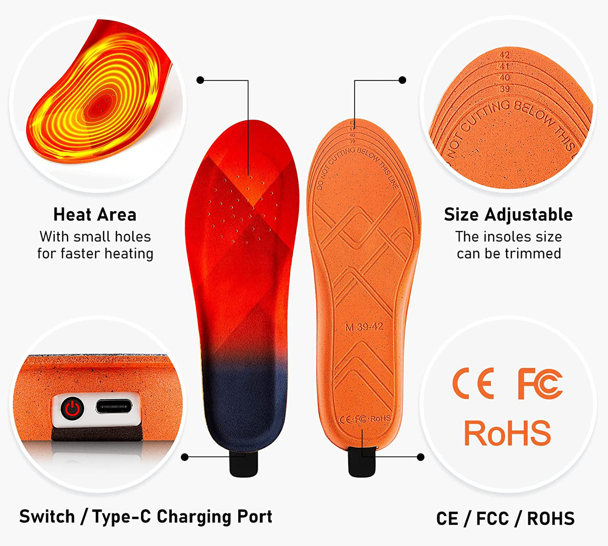 Rechargeable Heated Insoles with Three Heat Levels and 10-Hour Battery All Vera Mart