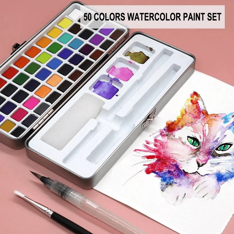 50-Color Watercolor Paint Set with Water Brush and Mixing Dishes, Portable Case All Vera Mart