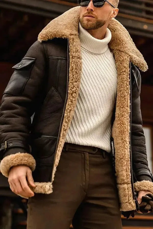 Men's Sheepskin Jacket with Plush Lining and Heavy-Duty Zipper, Slim to Classic Fit All Vera Mart