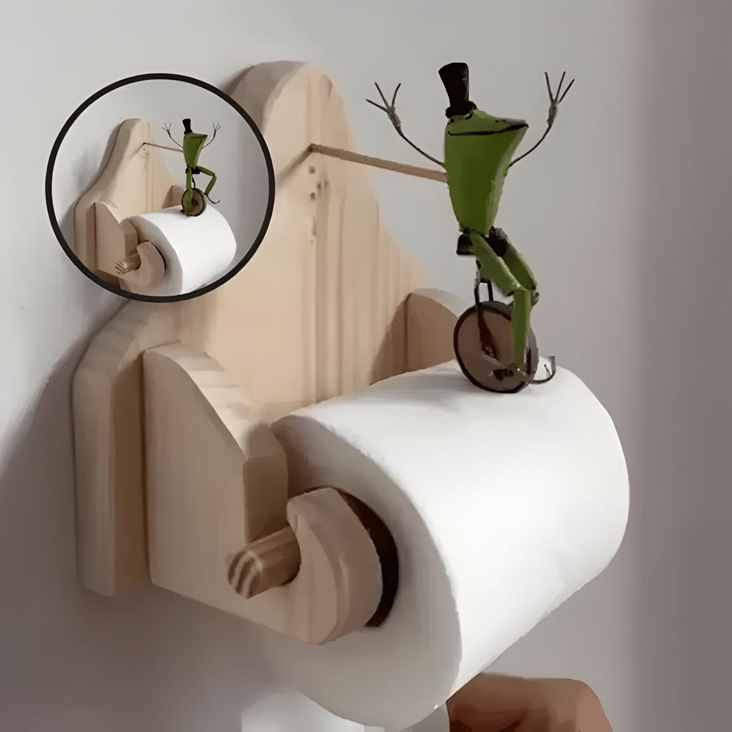 Wooden Frog on Bicycle Toilet Paper Holder with Natural Grain Details All Vera Mart