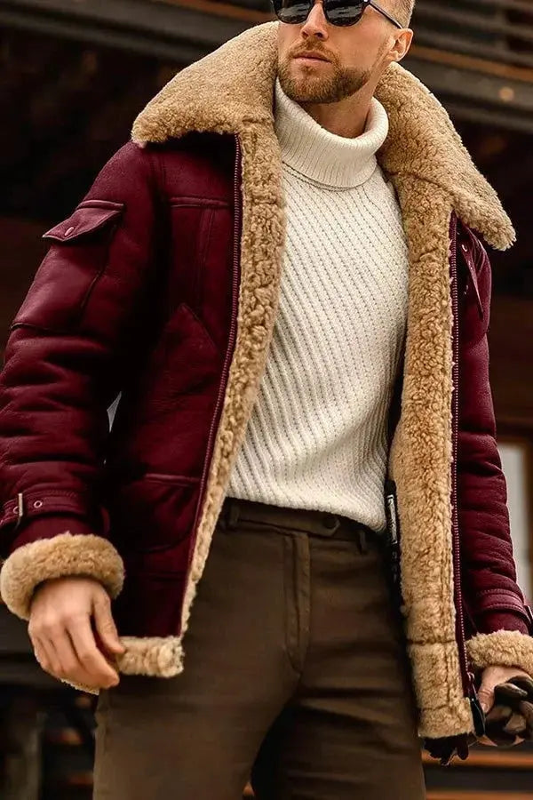 Men's Sheepskin Jacket with Plush Lining and Heavy-Duty Zipper, Slim to Classic Fit All Vera Mart