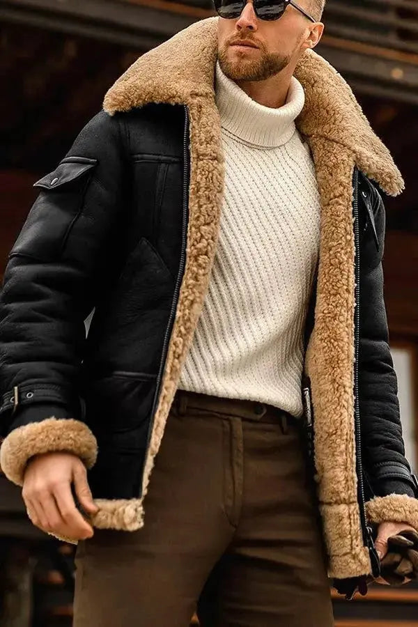 Men's Sheepskin Jacket with Plush Lining and Heavy-Duty Zipper, Slim to Classic Fit All Vera Mart