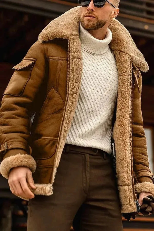Men's Sheepskin Jacket with Plush Lining and Heavy-Duty Zipper, Slim to Classic Fit All Vera Mart