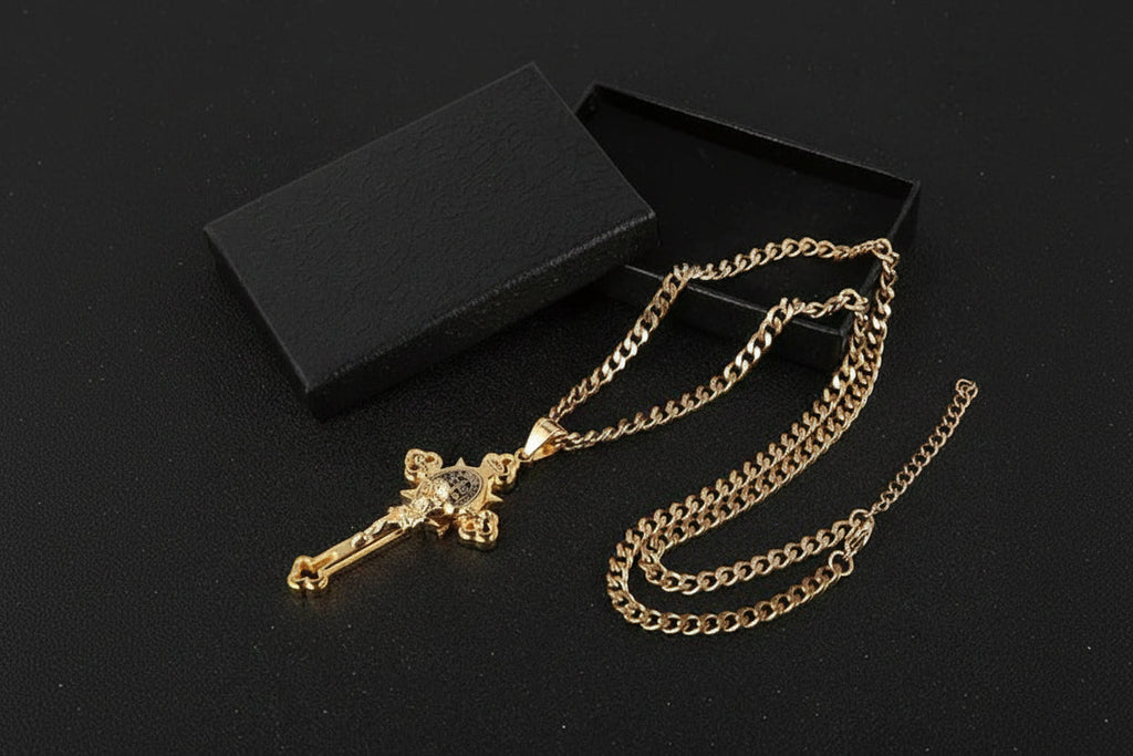 Engraved Crucifix Medal Pendant with Dual-Side Religious Symbols and Silver Tone Finish All Vera Mart