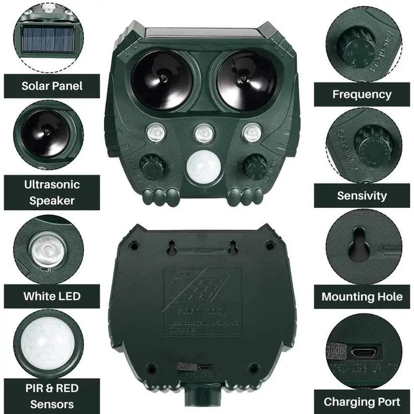 Ultrasonic Animal Repellent with Solar Power and Motion Sensor, 110° Range All Vera Mart