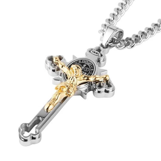 Engraved Crucifix Medal Pendant with Dual-Side Religious Symbols and Silver Tone Finish All Vera Mart