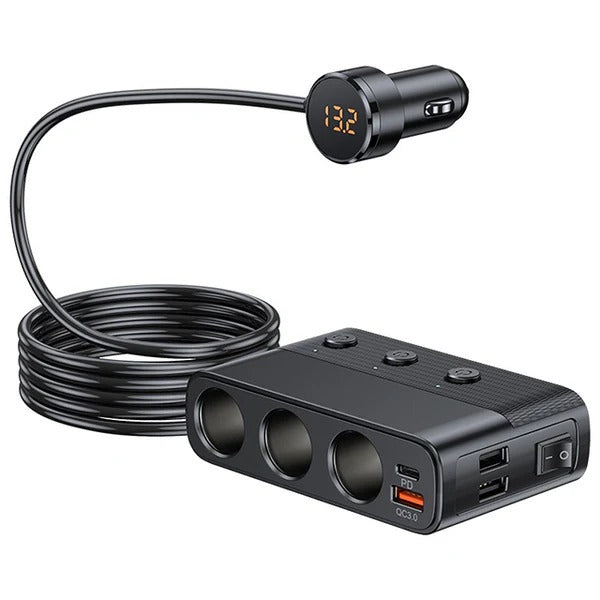 Seven Port Car Adapter with 128W Output and LED Voltage Display All Vera Mart
