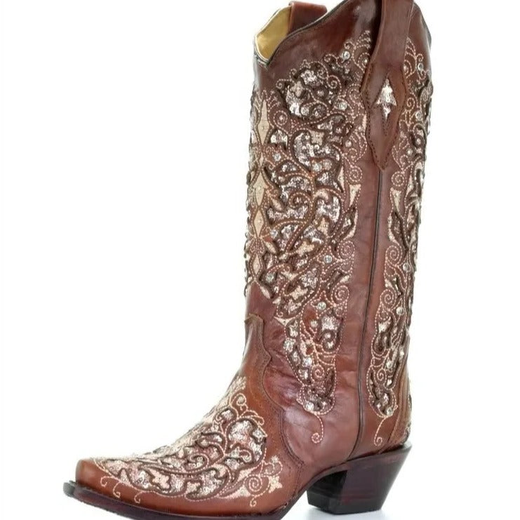 Sequin Embroidered Mid-Calf Boots with Pointed Toe and Thick Heel All Vera Mart