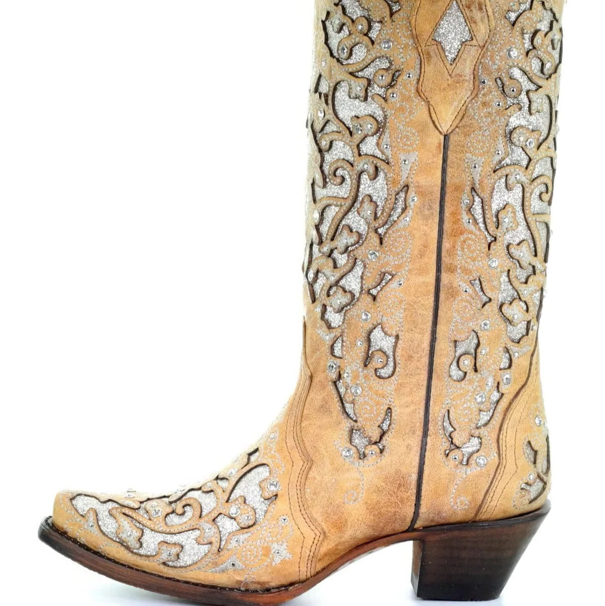 Sequin Embroidered Mid-Calf Boots with Pointed Toe and Thick Heel All Vera Mart