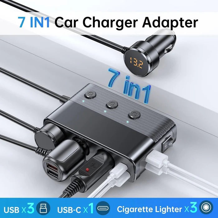 Seven Port Car Adapter with 128W Output and LED Voltage Display All Vera Mart