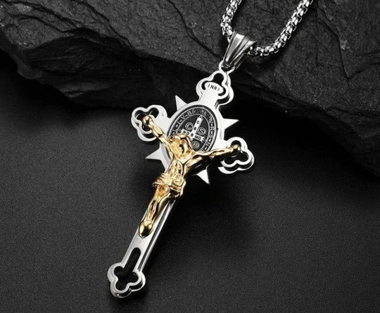 Engraved Crucifix Medal Pendant with Dual-Side Religious Symbols and Silver Tone Finish All Vera Mart