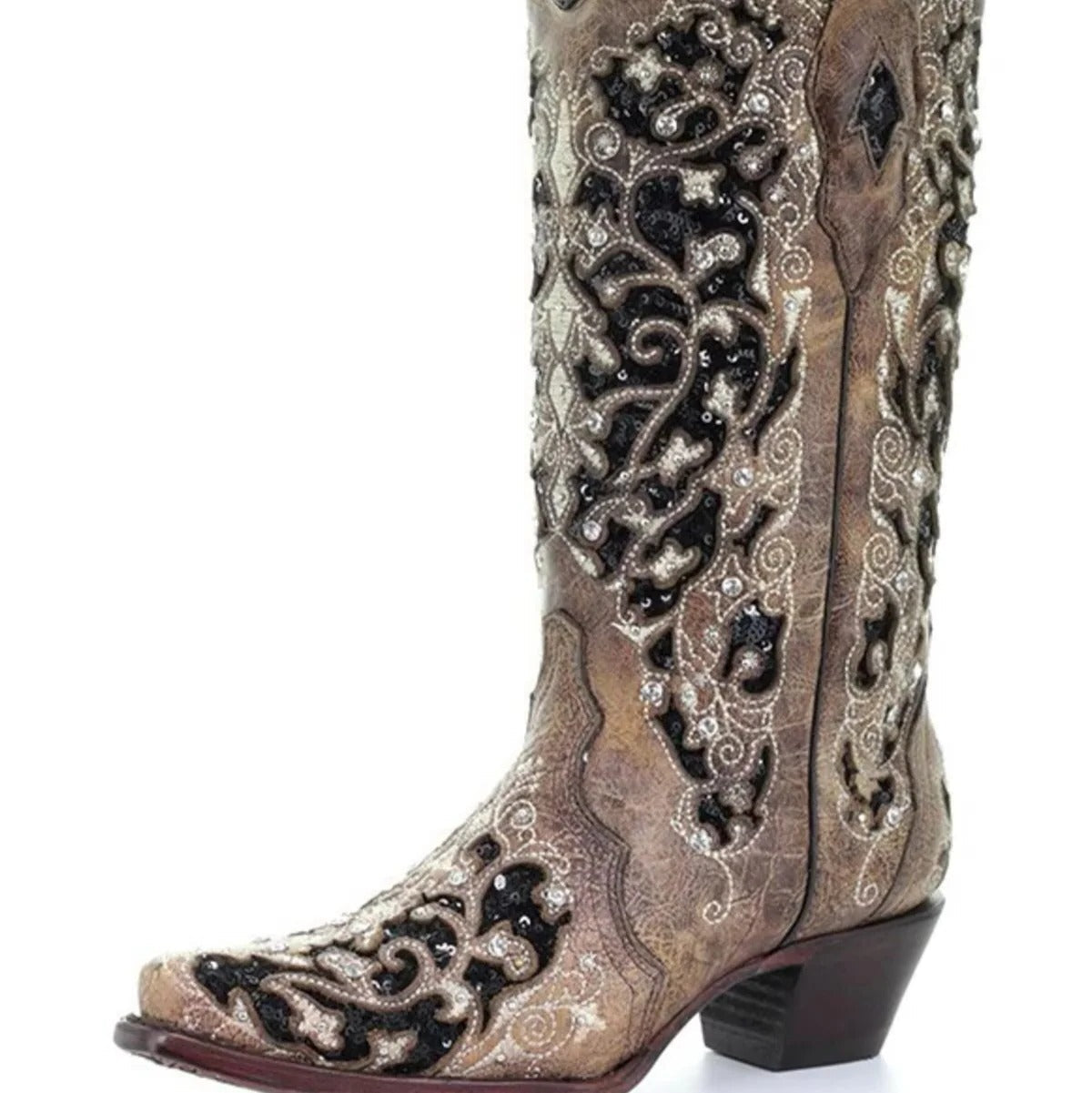 Sequin Embroidered Mid-Calf Boots with Pointed Toe and Thick Heel All Vera Mart