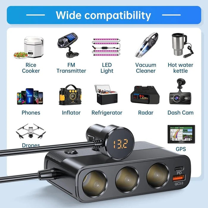 Seven Port Car Adapter with 128W Output and LED Voltage Display All Vera Mart