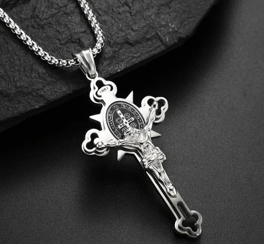 Engraved Crucifix Medal Pendant with Dual-Side Religious Symbols and Silver Tone Finish All Vera Mart
