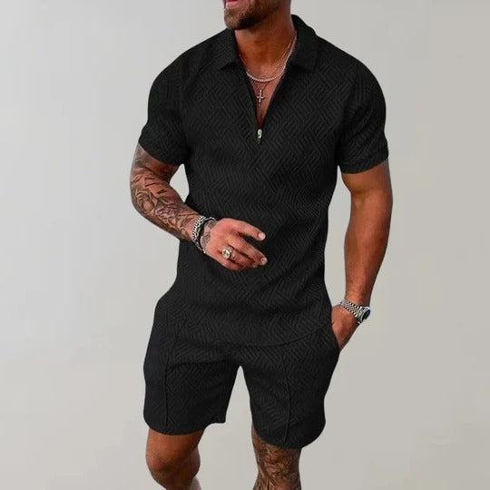 Men's Short Sleeve Collared Top and Elastic Waist Shorts Set All Vera Mart