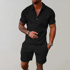 Men's Short Sleeve Collared Top and Elastic Waist Shorts Set All Vera Mart