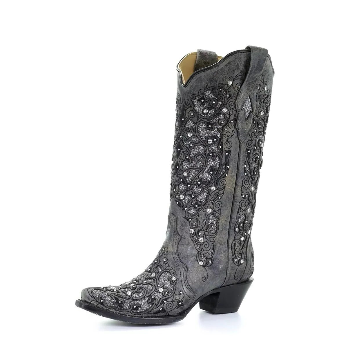 Sequin Embroidered Mid-Calf Boots with Pointed Toe and Thick Heel All Vera Mart