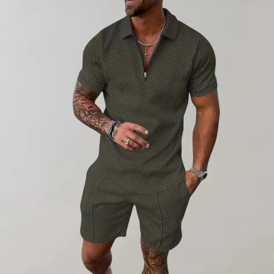 Men's Short Sleeve Collared Top and Elastic Waist Shorts Set All Vera Mart