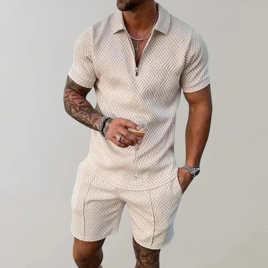 Men's Short Sleeve Collared Top and Elastic Waist Shorts Set All Vera Mart