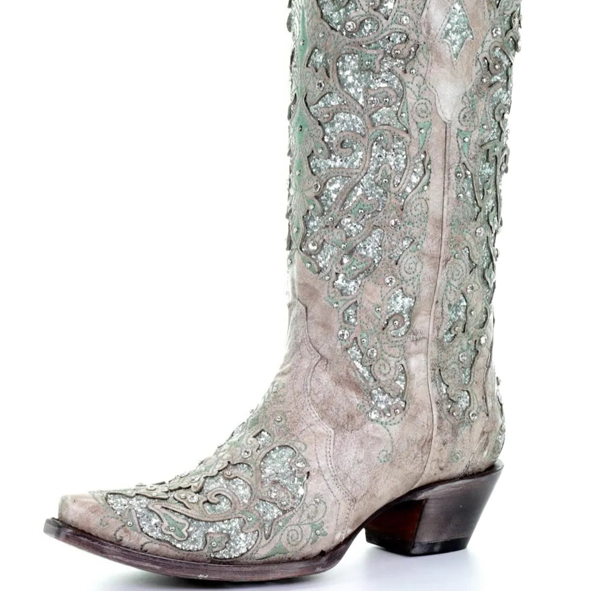 Sequin Embroidered Mid-Calf Boots with Pointed Toe and Thick Heel All Vera Mart