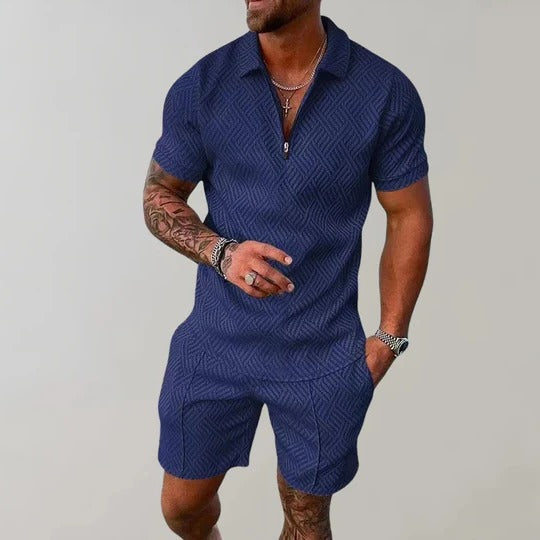Men's Short Sleeve Collared Top and Elastic Waist Shorts Set All Vera Mart