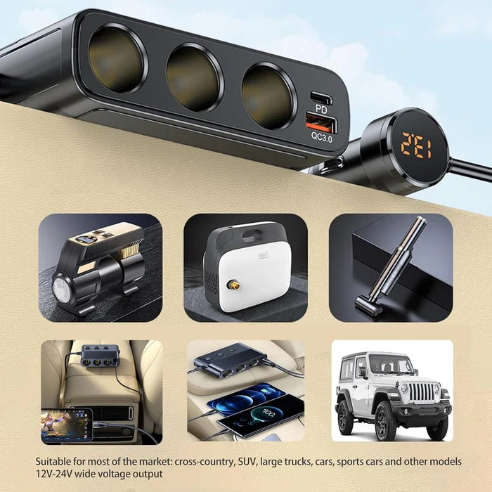 Seven Port Car Adapter with 128W Output and LED Voltage Display All Vera Mart