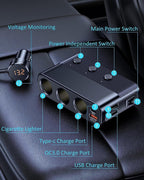 Seven Port Car Adapter with 128W Output and LED Voltage Display All Vera Mart