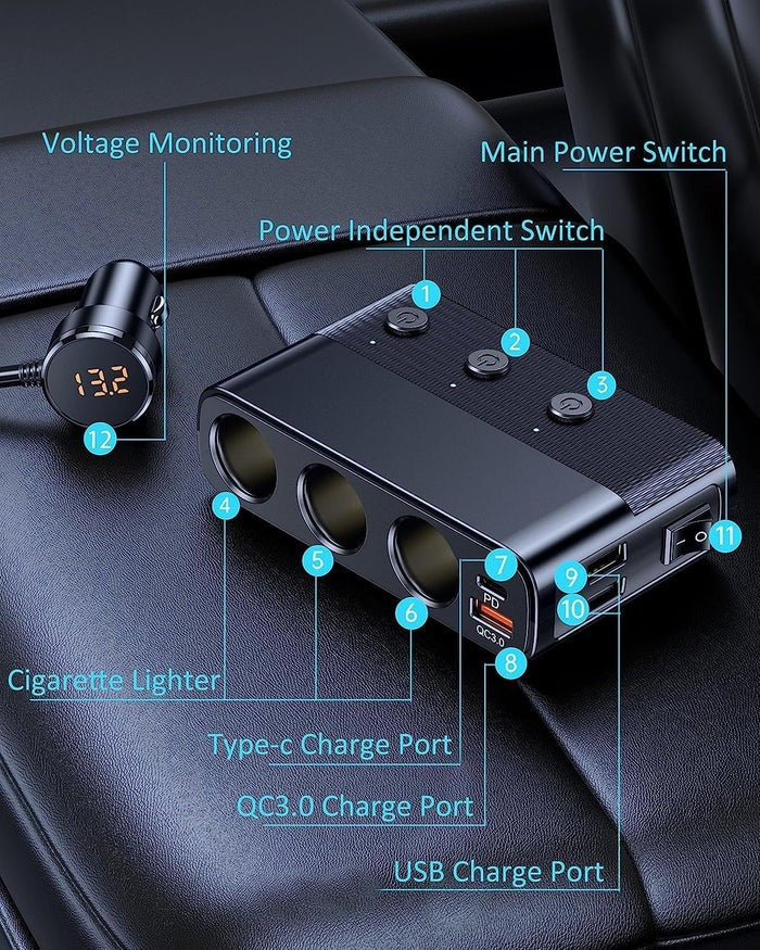 Seven Port Car Adapter with 128W Output and LED Voltage Display All Vera Mart