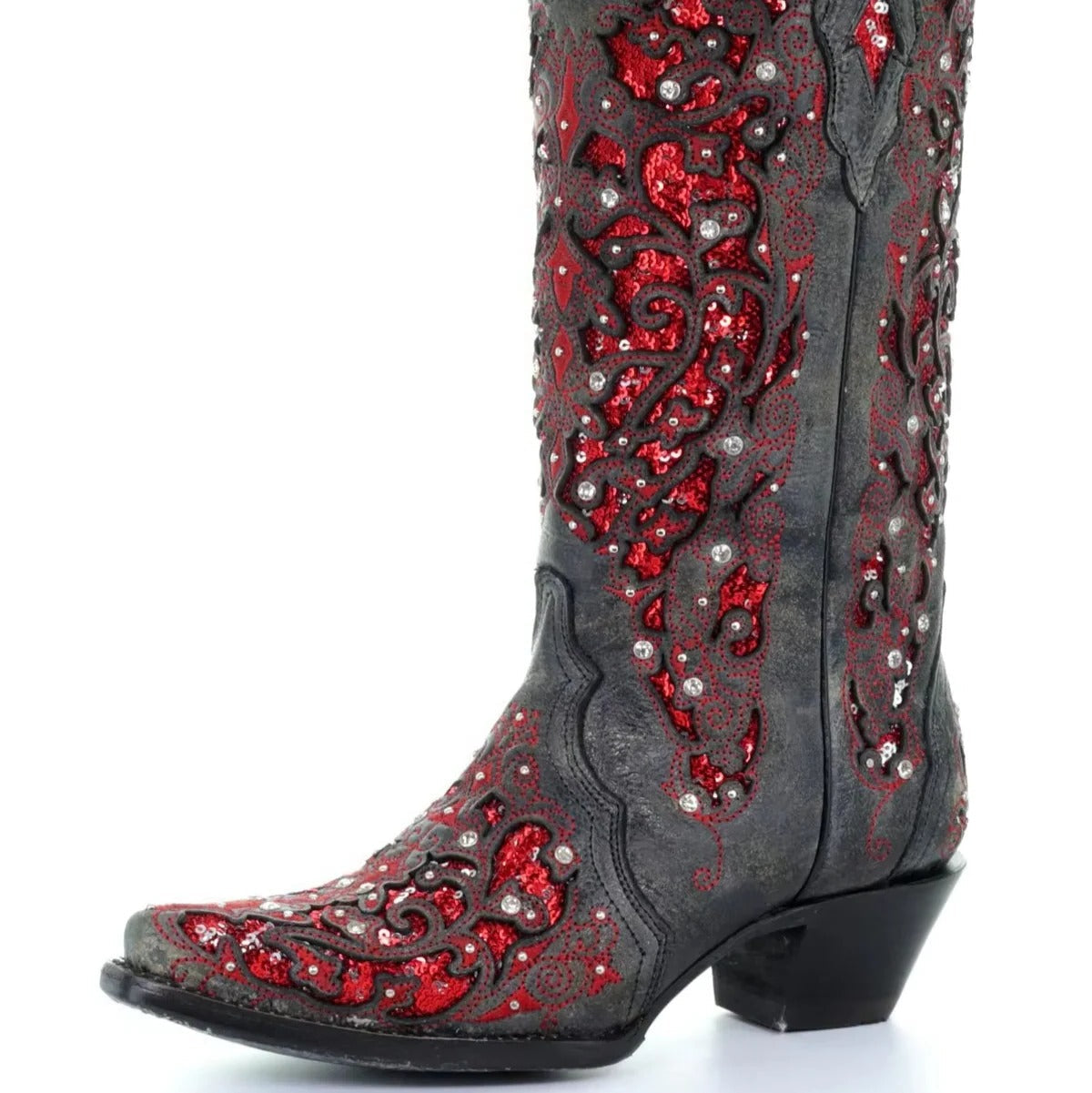 Sequin Embroidered Mid-Calf Boots with Pointed Toe and Thick Heel All Vera Mart