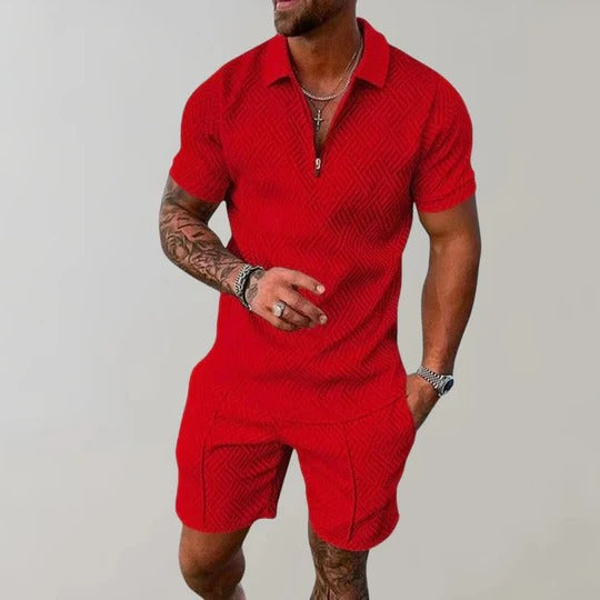 Men's Short Sleeve Collared Top and Elastic Waist Shorts Set All Vera Mart