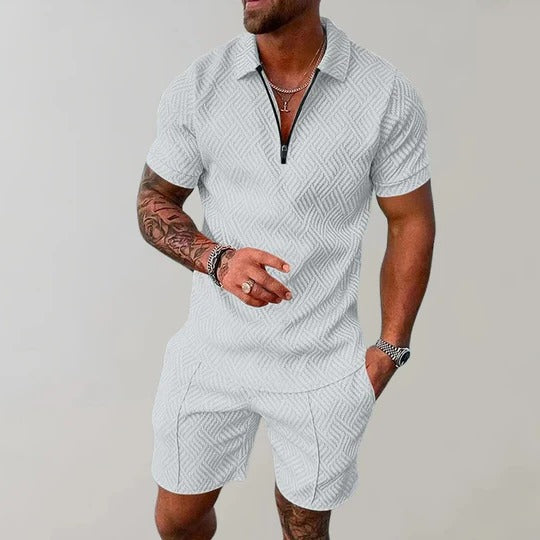 Men's Short Sleeve Collared Top and Elastic Waist Shorts Set All Vera Mart