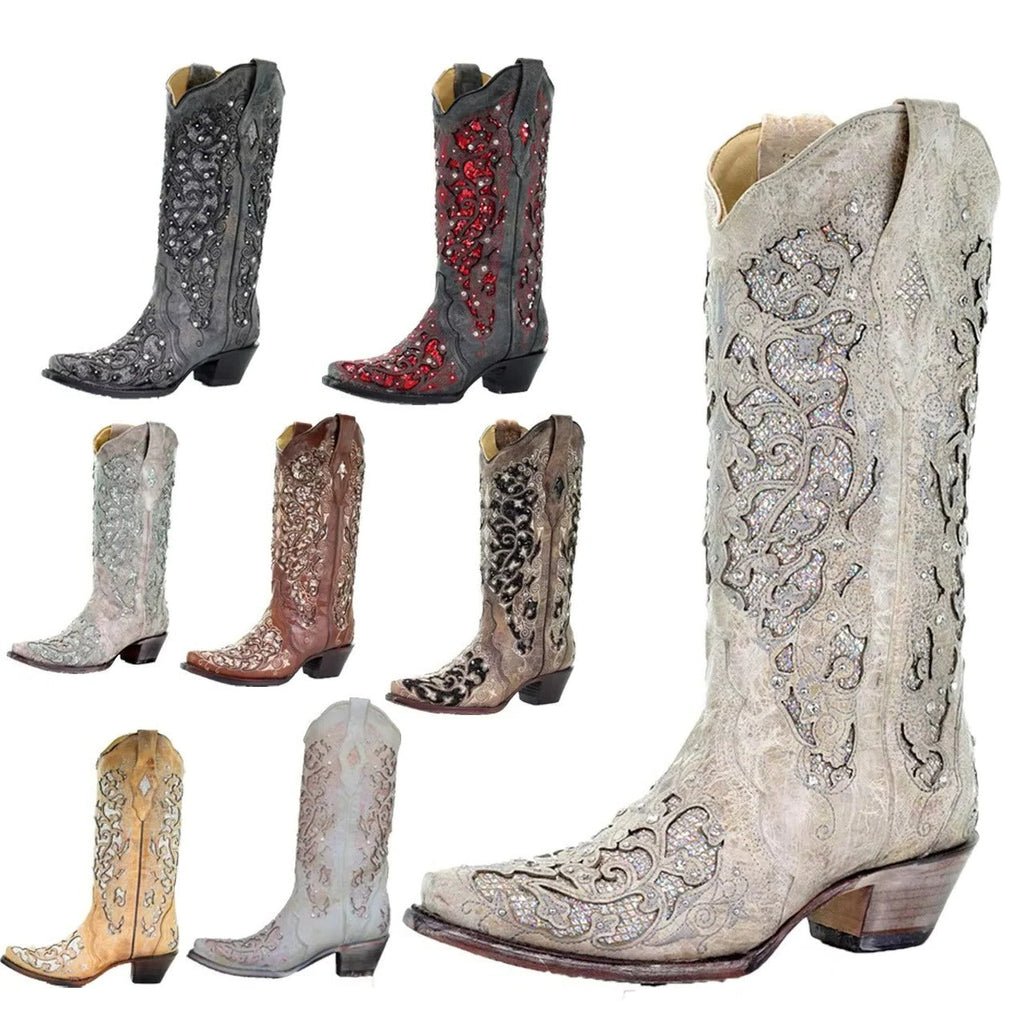Sequin Embroidered Mid-Calf Boots with Pointed Toe and Thick Heel All Vera Mart
