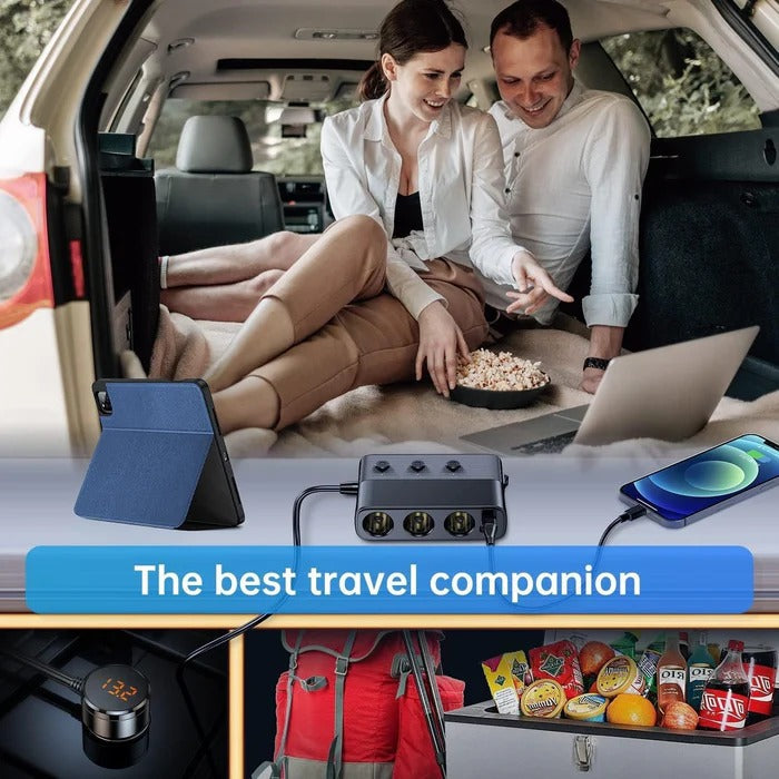 Seven Port Car Adapter with 128W Output and LED Voltage Display All Vera Mart