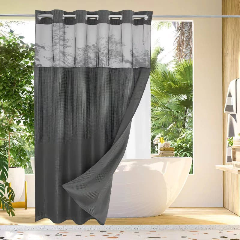 Hookless Shower Curtain with Waffle Texture and Mesh Light Panel, Integrated Liner All Vera Mart