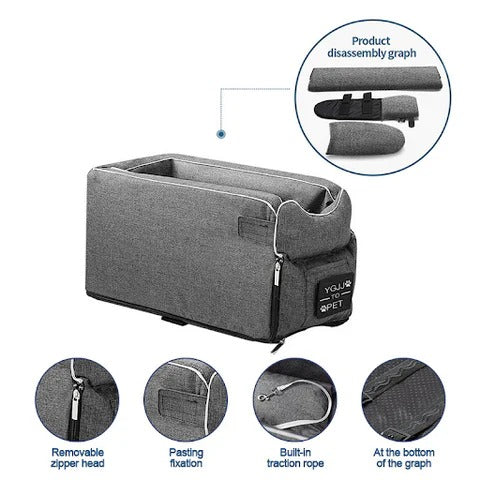 Small Pet Car Armrest Seat with Internal Safety Lanyard and Zippered Entry All Vera Mart