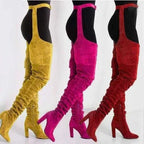 Thigh High Pointed Toe Boots with Chunky Heel and Side Zipper, Waist Belt Detail All Vera Mart