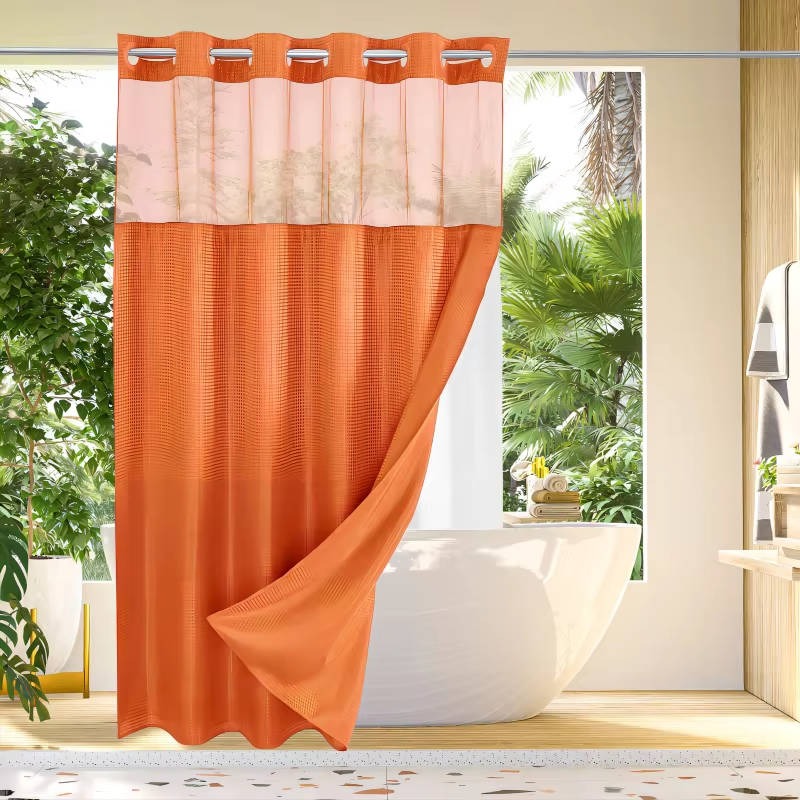 Hookless Shower Curtain with Waffle Texture and Mesh Light Panel, Integrated Liner All Vera Mart