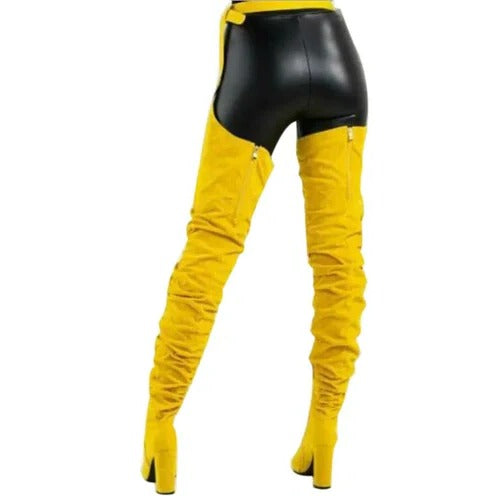 Thigh High Pointed Toe Boots with Chunky Heel and Side Zipper, Waist Belt Detail All Vera Mart