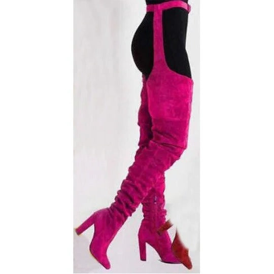 Thigh High Pointed Toe Boots with Chunky Heel and Side Zipper, Waist Belt Detail All Vera Mart