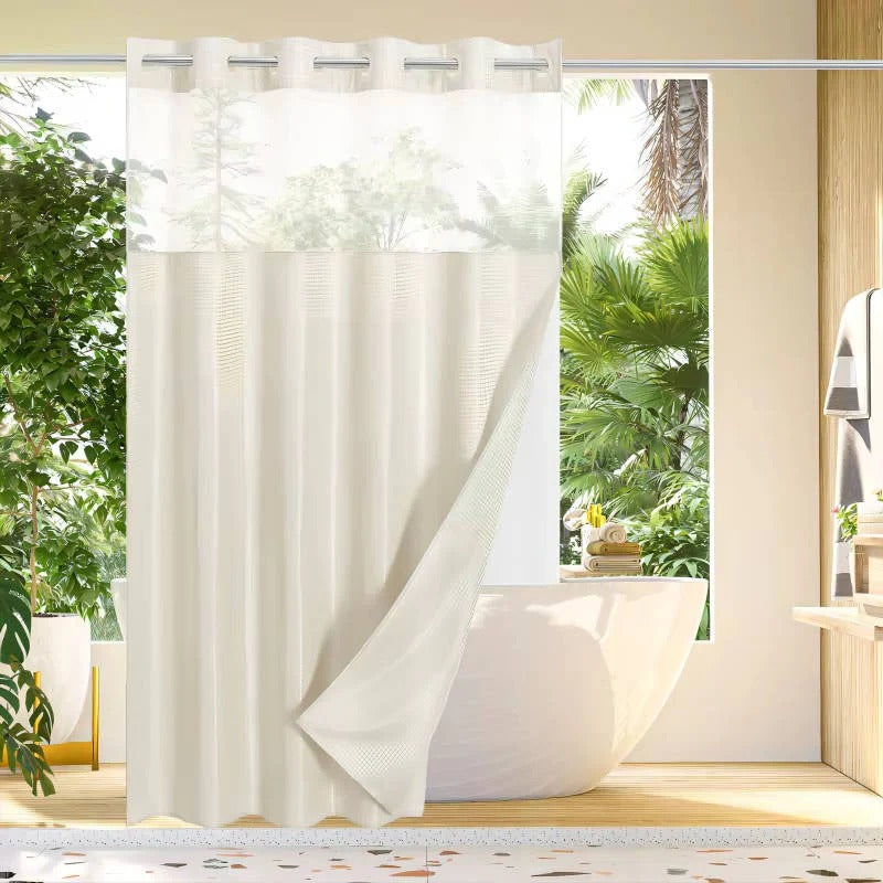 Hookless Shower Curtain with Waffle Texture and Mesh Light Panel, Integrated Liner All Vera Mart