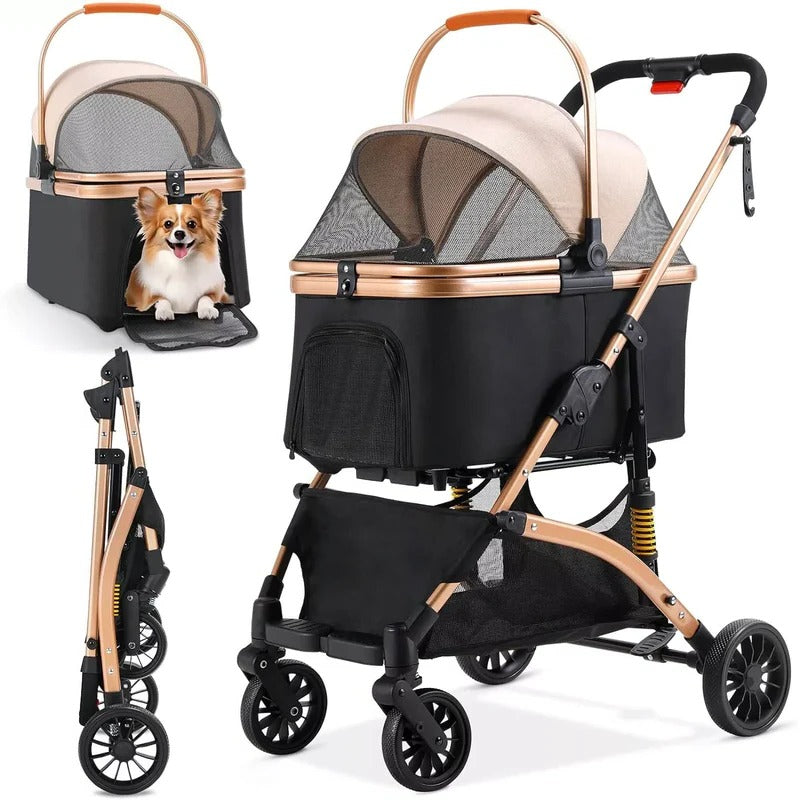 Foldable Pet Stroller with Detachable Transport Box and Spring Suspension Wheels All Vera Mart