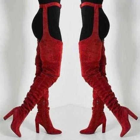 Thigh High Pointed Toe Boots with Chunky Heel and Side Zipper, Waist Belt Detail All Vera Mart