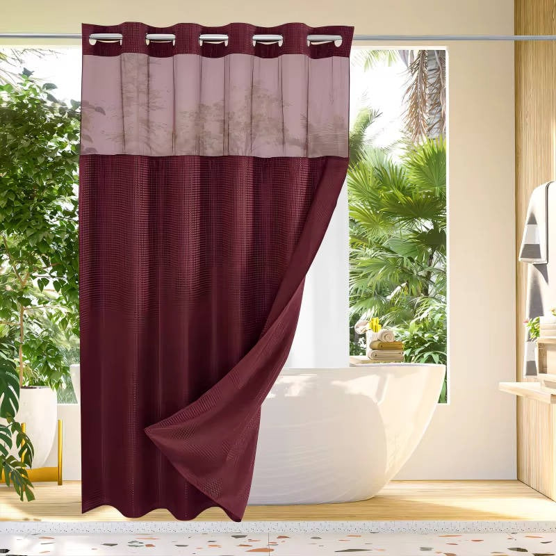 Hookless Shower Curtain with Waffle Texture and Mesh Light Panel, Integrated Liner All Vera Mart