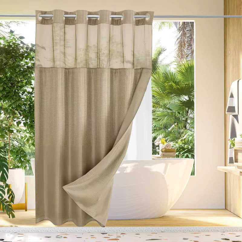 Hookless Shower Curtain with Waffle Texture and Mesh Light Panel, Integrated Liner All Vera Mart