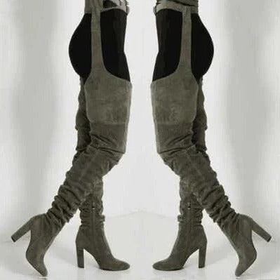Thigh High Pointed Toe Boots with Chunky Heel and Side Zipper, Waist Belt Detail All Vera Mart