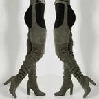 Thigh High Pointed Toe Boots with Chunky Heel and Side Zipper, Waist Belt Detail All Vera Mart