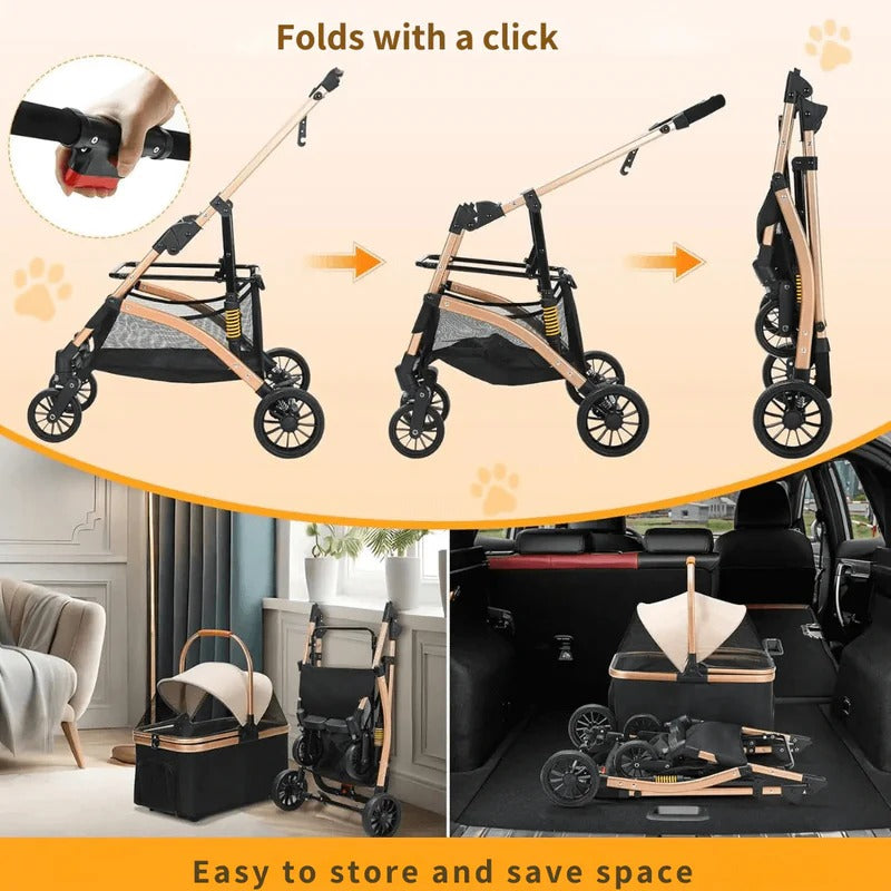 Foldable Pet Stroller with Detachable Transport Box and Spring Suspension Wheels All Vera Mart