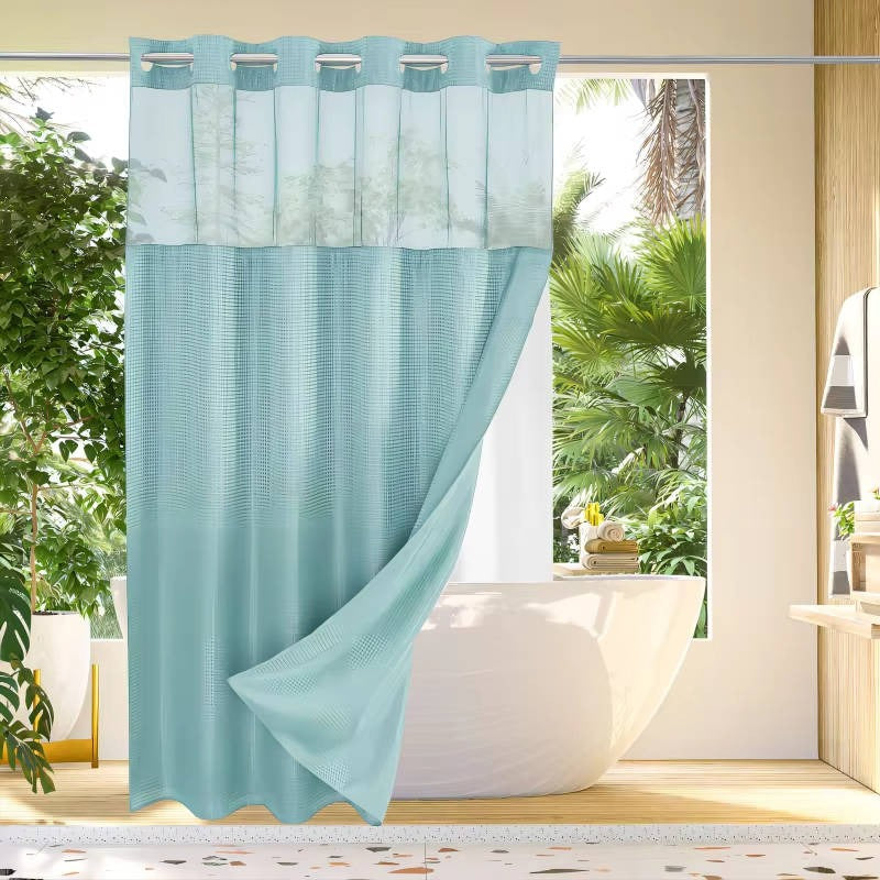 Hookless Shower Curtain with Waffle Texture and Mesh Light Panel, Integrated Liner All Vera Mart
